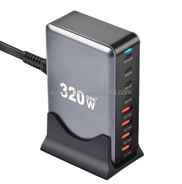 320W Desktop PD Charger 4A4C GAN 8-Port PD Charger New 320W Multi-functional PD Fast Charger with Led