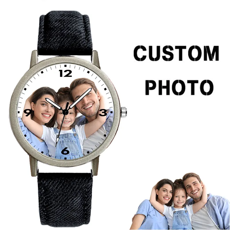 Aanpassen Van Uw Eigen Ontwerp Merk Logo/Foto Lederen Zwart Quartz Horloge Voor Mannen Vrouwen Gepersonaliseerde Horloge Custom Klok