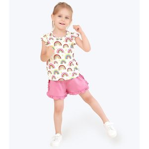DREAMHALO Conjunto de camiseta sin mangas y pantalones cortos para niñas pequeñas, estampado de arcoíris, conjunto de 2 piezas con volantes rosas, de 2 a 6 años - Product Image 5