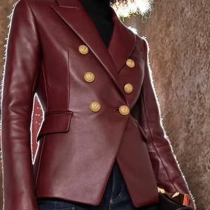 Women's Deep Pink Genuine Sheepskin <b>Leather</b> <b>Blazer</b> <b>Jacket</b> Plain Dyed Breathable Spring Button Closure - Product Image 2