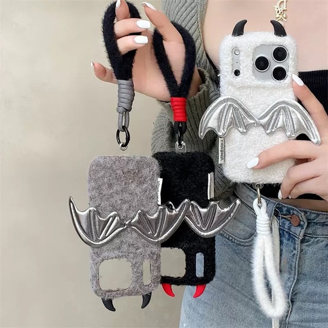 3D Winter Plush Angel Devil Wings Phone Case with Hand Rope for iPhone 17 16 Pro Max PC Warmful Plush Phone case