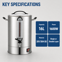 Chauffe-eau commercial en acier inoxydable 16L, durable et économe en énergie, distributeur d'eau chaude pour cantine scolaire et usine