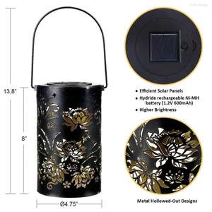 Lanterne décorative extérieure rétro à LED solaire DC, lampe en métal creux étanche avec télécommande pour jardin, lustre suspendu - Product Image 6