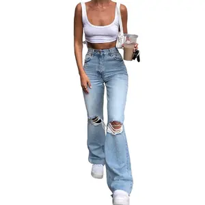 Calça jeans skinny com logotipo personalizado, calça jeans rasgada para mulheres