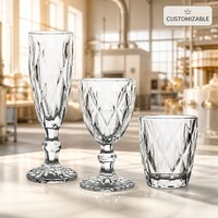 Ensemble de verrerie vintage en verre gaufré à coupe diamantée, sans plomb, comprenant des gobelets à pied et des verres à eau, vente en gros d'usine, personnalisable pour mariage et bar