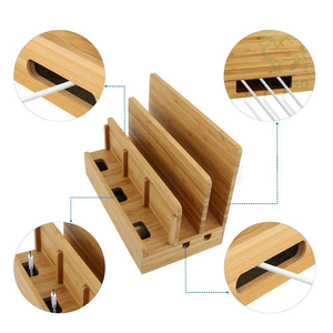 Bamboo <b>Wood</b> Desktop Cord Organizer Dock Station Tablet Stand Holder with 3 Slots for Phone Charging Storage <b>Shelves</b> & Units - Product Image 4