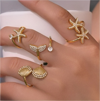 Bague ouverte en acier inoxydable plaqué or 18 carats à la mode pour femmes Searing 5A White Zircon Starfish pour mariage ou cadeau