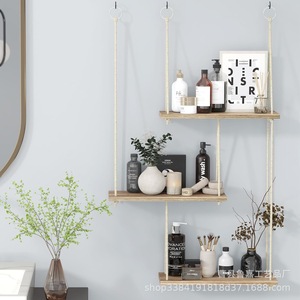 <b>Wall</b> <b>Mounted</b> Three Tier Wooden Floating <b>Shelf</b> With Hanging Rope Storage Rack For Living Room Bedroom Decorative Use - Product Image 3