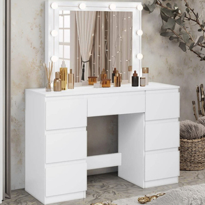Modern Makeup <strong>Table</strong> <strong>with</strong> LED Lights <strong>Mirrored</strong> Vanity <strong>Table</strong> <strong>with</strong> 7 Drawers Bedroom Furniture MDF Wood <strong>Dressing</strong> <strong>Table</strong> - Product Image 1