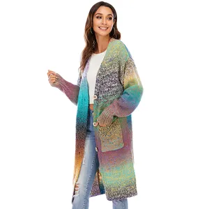 2021 зимние индивидуальный логотип дамы-пачка цветов радуги для печати свитер пальто больше обычного размера, длинный вязаный кардиган для женщин из синтетической ткани