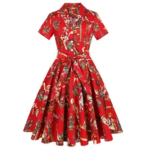 Robe Vintage à manches courtes pour femmes, col rabattu, tenue de bureau élégante, décontractée, rétro, Rockabilly, années 50, SD0002