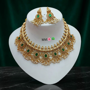 South Indian High Quality Antique Matte Gold Plated Choker Necklace with Oval and Pearl Clusters Matching Earrings for Wedding - Product Image 2