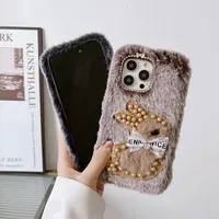 Adorable Coque Téléphone Hivernale Chaude Entièrement en Peluche Douillette Motif Lapin à Perles pour iPhone 16 15 14 13 Mini 12 Pro Max 11 Xs Xr 7 8 Plus