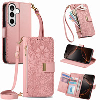 Étui portefeuille à bandoulière imprimé feuilles et fleurs pour Samsung Galaxy S26FE/S25FE/S24FE, coque de téléphone pour iPhone 16E/17E