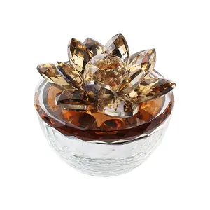 MH-SH001 Crystal Amber Glass Round Trinket Top Lotus Flower Decorative Glass Jewelry Trinket Box