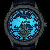 Nouvelle Arrivée Montre Mécanique Automatique pour Homme, Cadran Creux Cartographique, Lunette Sertie de Diamants, Bracelet en Cuir, Étanche, Montre-Bracelet de Costume Professionnelle