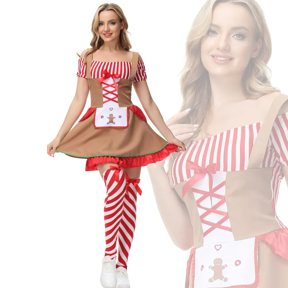 Robe de boîte de nuit de Noël Stripe Maid Clown Mud Doll Costume Cos Stage Cosplay Costume