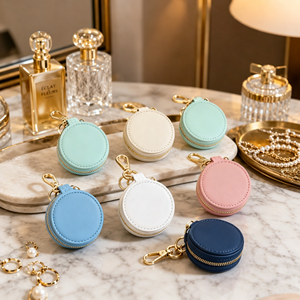 Round Mini Jewelry <b>Case</b> Zipper Keychain Customized Colors for Women Jewelry Storage Simple Style Elequeen Eco-friendly 5*5*3cm - Product Image 1