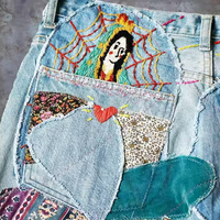 Pantalon en denim brodé avec écusson de créateur personnalisé Pantalons décontractés vintage à la mode avec blocage des couleurs