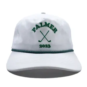 Gorra de béisbol deportiva no estructurada de poliéster impermeable blanca de moda OEM con logotipo bordado, sombrero de papá de 5 paneles personalizado con cuerda