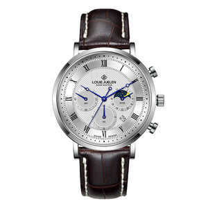 <span class=keywords><strong>Montre</strong></span> à quartz en <span class=keywords><strong>acier</strong></span> inoxydable pour homme avec chronographe, phase de lune et date |   Résistant à l'eau 3BAR |   Bracelet en cuir véritable - Product Image 1