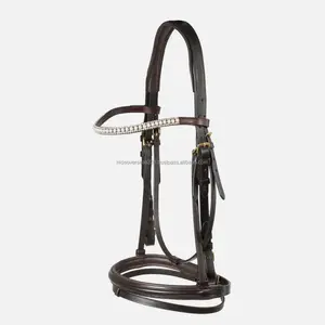 Equestrian Premium Quality Vegetable Drum Dyed (D.D) Leather Horse Bridle with Raised Noseband and Rhinestones Browbands