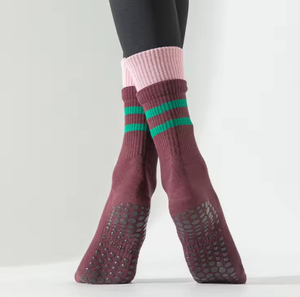 High Quality Custom Logo Women's Stripes Double Cuff Seamless Toe Yoga <b>Socks</b> Comfortable Fitness Sports Sticky Brown Maillard - Product Image 2