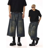 Shorts en jean vintage pour hommes, coupe droite, style streetwear d'été, personnalisés, baggy, effet usé, en denim de coton délavé foncé