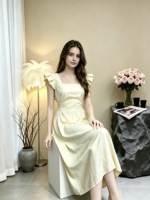 Robe d'été longue sans manches coupe trapèze respirante col carré décontractée élégante à volants unie naturelle