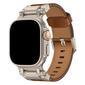 Eraysun pulseira de relógio de couro genuíno luxuosa, pulseira de metal esportiva personalizada para Apple Ultra 2 5 6 7 8 9