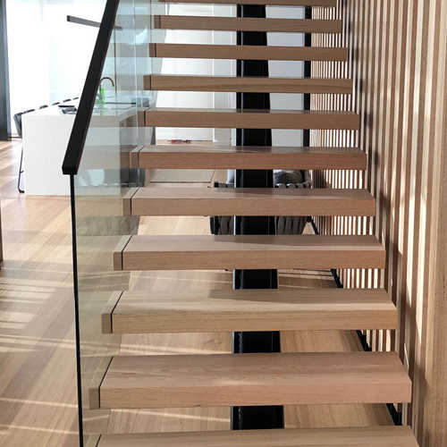 Attractive Design Interior Mono Stringer Oak Wood Step with Led Lights Floating Straight Stairs with Glass Railing From Foshan