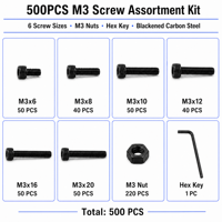 Kit de vis à tête cylindrique en acier au carbone noir, 500 pièces, M3 6-20 mm, vis à tête hexagonale avec écrous et clé Allen