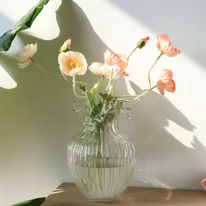新款短芽简单透明透明罗纹圆形圆筒手工吹制现代北欧定制玻璃花瓶婚礼中心