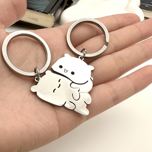 2pcs Stainless Steel <b>Cartoon</b> Cat Keychain Matching Pendant Key <b>Ring</b> Silver Couple Gift for Parties - Product Image 4