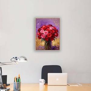 Impression d'art mural peinte à la main sur toile sur le thème de la nature morte florale avec des roses dans un vase bleu |   Toile encadrée pour décoration murale | - Product Image 4