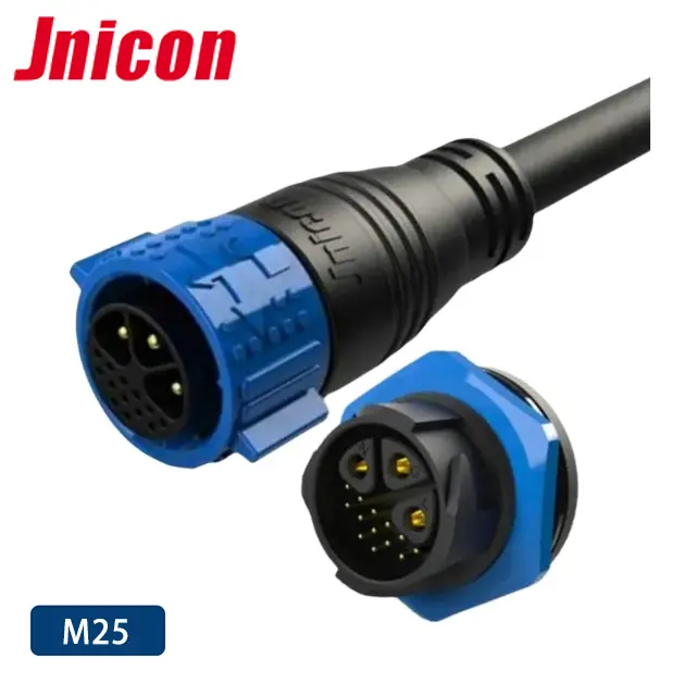 Jnicon M25 IP67 push lock 16 pin solder terminal 90 degree molded cable 3 pin power 9 pin signal waterproof connector