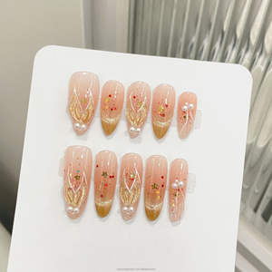 Unghie Finte Lunghe Ovali Stile Francese Arancione Chiaro con Effetto Piede di Corvo Disegnato a Mano e Piccole Perle - Unghie Artificiali Press-on - Product Image 4