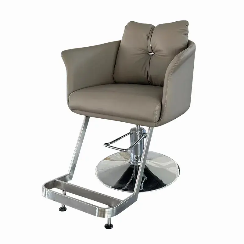 Silla de peluquero de cuero PU gris moderna, silla con Base de Metal redonda para salón de peluquería para hombres, sillas de barbería