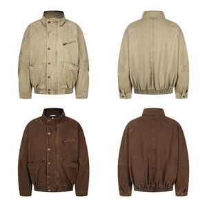 سترة بومبر بياقة قائمة عتيقة بياقة قائمة مع نمط بطانة قابلة للإزالة لكل من النساء للخريف والشتاء ، ملابس عمل عتيقة مغسولة ملابس خارجية - Product Image 1