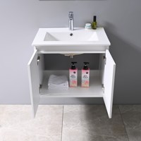 Meuble-lavabo de salle de bain moderne au design épuré en MDF avec miroir LED et finition laquée, à fixation murale