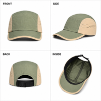 Casquette de camping 5 panneaux à visière plate, color block, imperméable, perforée au laser, séchage rapide, logo personnalisé, course à pied, camping, OEM, vente en gros, usine