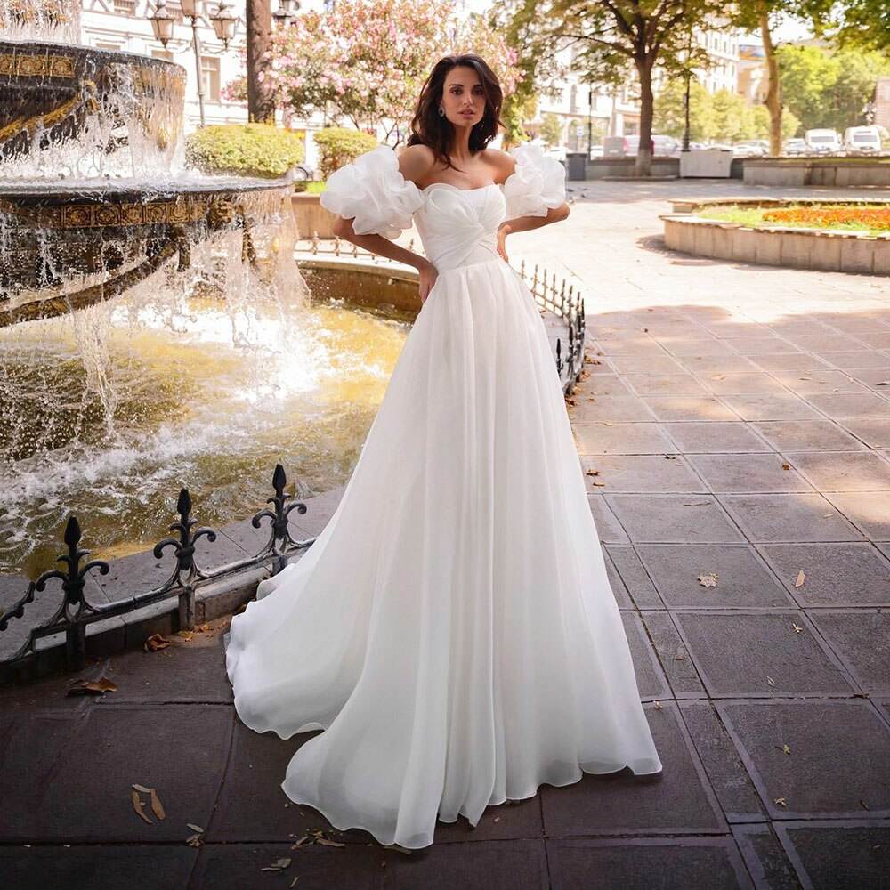13168#Elegant Boho Sexy Off-Shoulder Beach Bohemian A-Line Backless Chiffon  Lantern Sleeves Princess Wedding Dress Bridal Gown