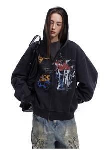 Felpa con cappuccio con cerniera a due vie retrò maglione con cappuccio da uomo e donna autunno oversize con cappuccio con stampa grafica personalizzata - Product Image 4