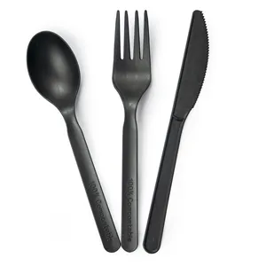 6 inch 7 inch màu đen dùng một lần Fork Spoon Knife Set nhựa Đảng Flatware Bộ đồ ăn lấy đi thực phẩm PLA thiết lập dao kéo