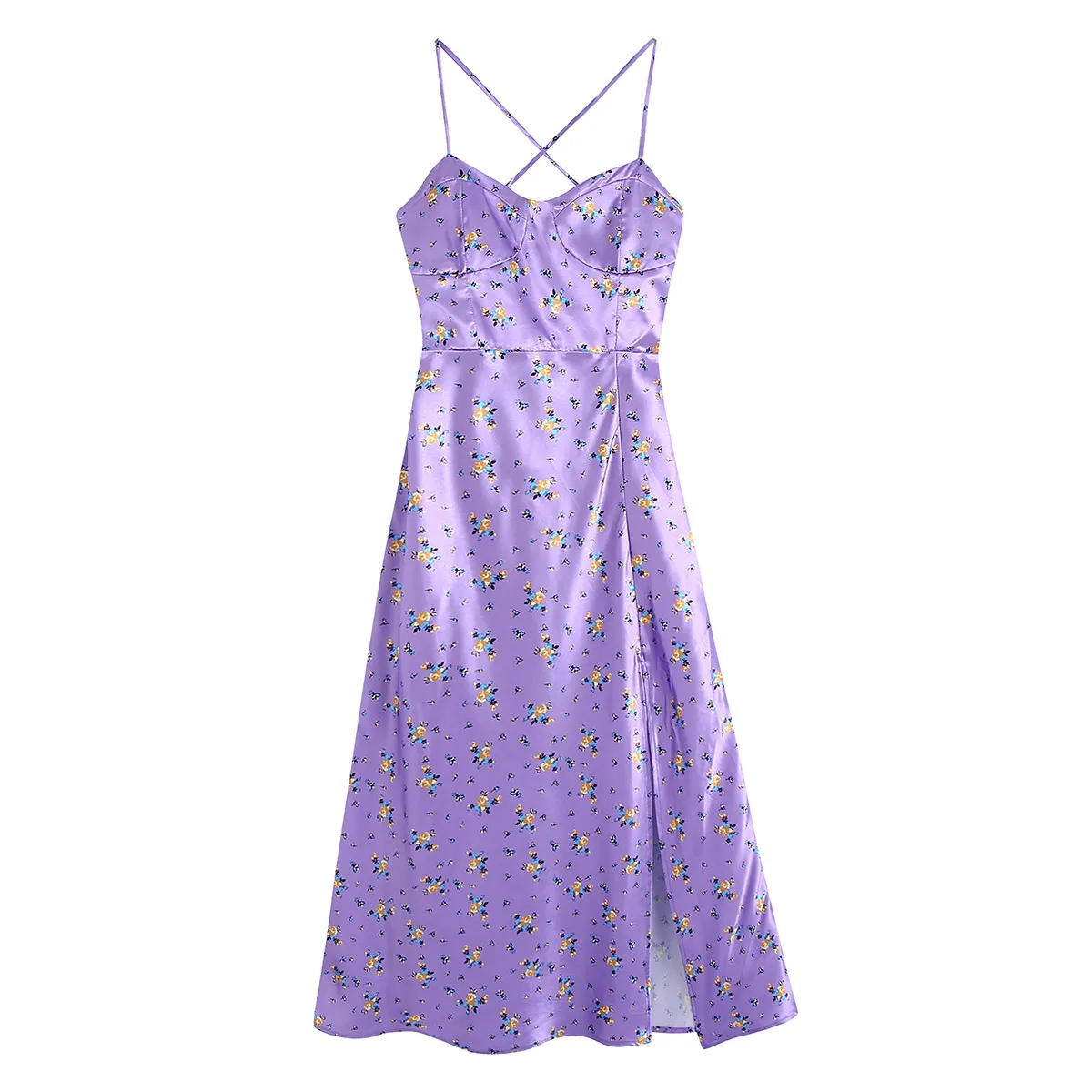 Wholesale Purple Color Sleeveless Floral Print Side Slit Women Summer Casual Slip Dress