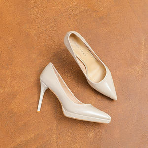 Chaussures à talons hauts en cuir nude pour femmes, bout pointu, talon de 10 cm, été, evergreen, adaptées aux fêtes, aux bureaux, aux mariages, aux occasions formelles - Product Image 1