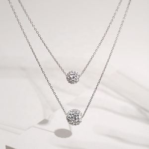 Alta Qualidade Jóias 925 Sterling <span class=keywords><strong>Silver</strong></span> <span class=keywords><strong>Double</strong></span> Layered Cadeia Rhinestone Bola Colar Pingente para As Mulheres - Product Image 4