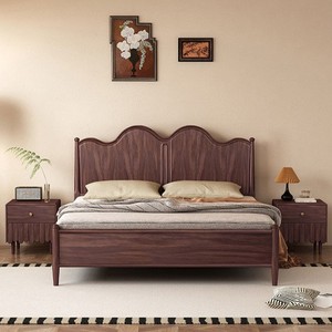 Solid Wood Double Bed Walnut Headboard French Provincial Mid-Century Modern Bedroom Furniture Zy890 Solid Wood <b>Frame</b> Eco-friendl - Product Image 1