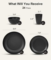 Ensemble de 24 assiettes et bols incassables pour 6 personnes, service de vaisselle noir pour camping, camping-car et appartement
