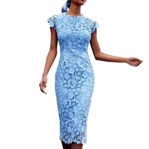 Robe midi en dentelle bleue, col rond, manches courtes, imprimé floral, robe de soirée pour femmes - Product Image 3